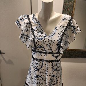 White V-Neck Dress with Navy Embroidery